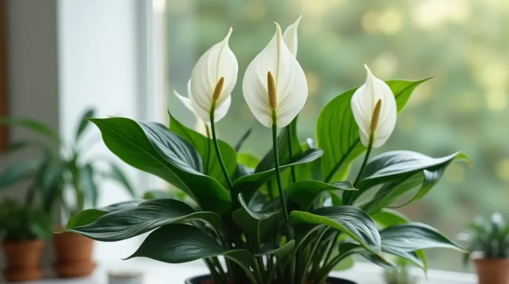 Experience Peace Lily Wonders: A thriving Peace Lily with vibrant green leaves and white blooms, adding life and serenity to a modern indoor space.