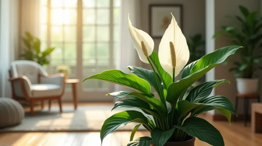 Peace Lily Wonders: A vibrant Peace Lily in full bloom, showcasing lush green leaves and pristine white flowers, transforming a modern living space with serene energy and natural beauty.