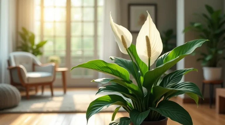 Peace Lily Wonders: A vibrant Peace Lily in full bloom, showcasing lush green leaves and pristine white flowers, transforming a modern living space with serene energy and natural beauty.