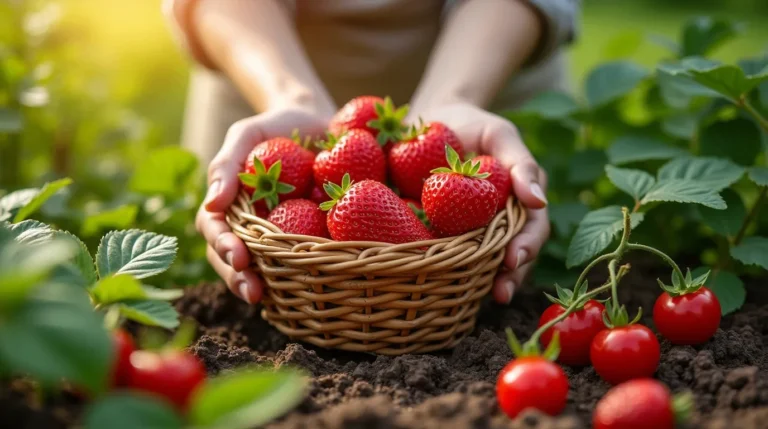 A bountiful garden filled with ripe red fruits like strawberries, tomatoes, cherries, and raspberries, with a gardener holding a basket overflowing with fresh produce, surrounded by lush green plants and soil