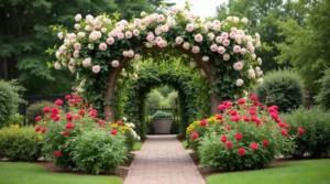 Rose landscaping uses in a beautifully designed garden with vibrant rose bushes, pathways, and decorative elements.