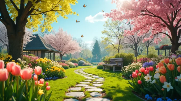 A colorful spring garden with blooming tulips and daffodils