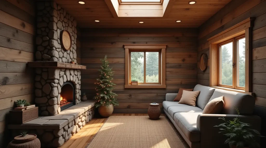 Rustic tiny cabin with a stone fireplace, reclaimed wood exterior, and skylight, exemplifying beautiful cabin plans.