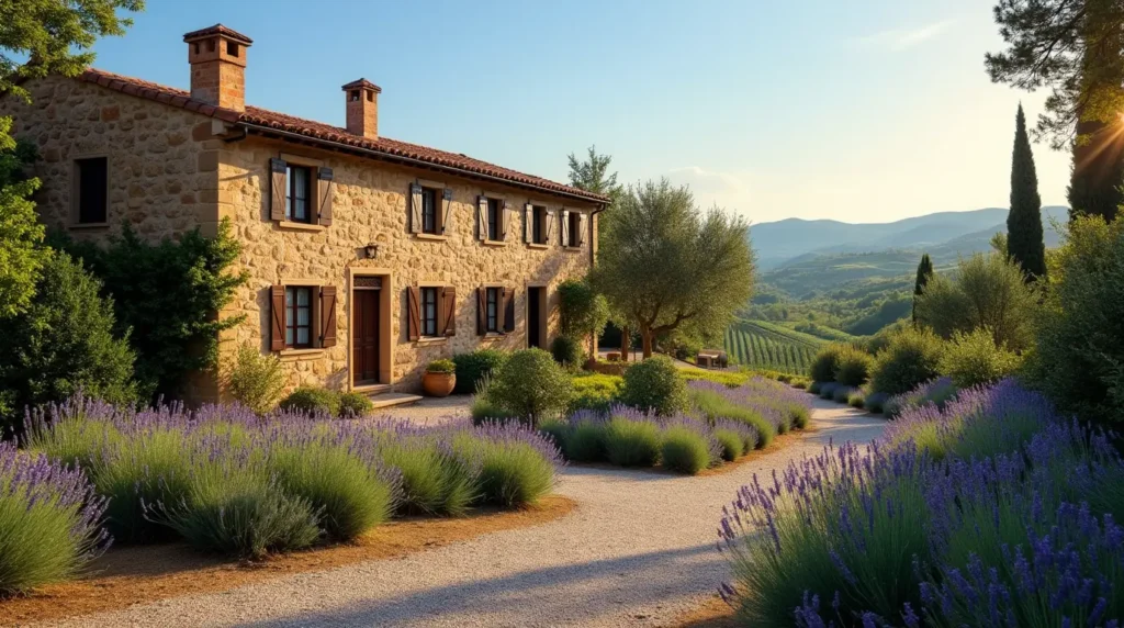 Rustic Tuscan house with stone walls and terracotta roof.