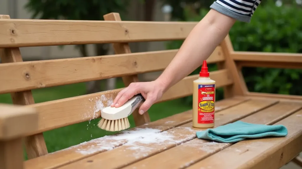 A person cleaning a wooden garden bench with soapy water, emphasizing maintenance and care.