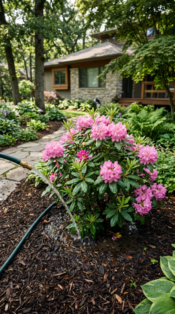 A Rhododendron plant growing in a decorative pot on a patio, showcasing bright purple flowers.