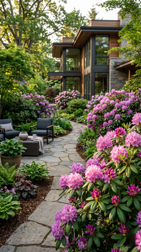 A beautifully landscaped garden with multiple Rhododendron shrubs in shades of pink, purple, and red.