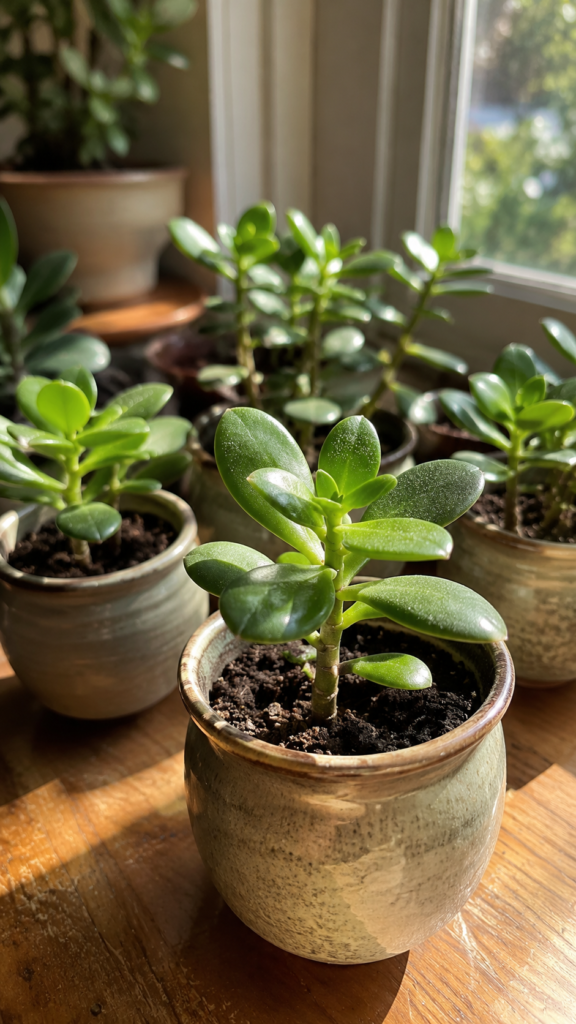 A cozy indoor gardening scene featuring healthy jade plant cuttings propagating in small ceramic pots on a wooden table beside a bright sunny window. Warm natural sunlight highlights the glossy green succulent leaves and detailed textures, creating a peaceful Pinterest-style home garden atmosphere.