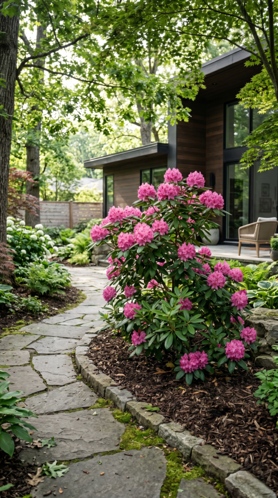 A wild Rhododendron bush blooming in a forest setting, surrounded by tall trees and ferns.