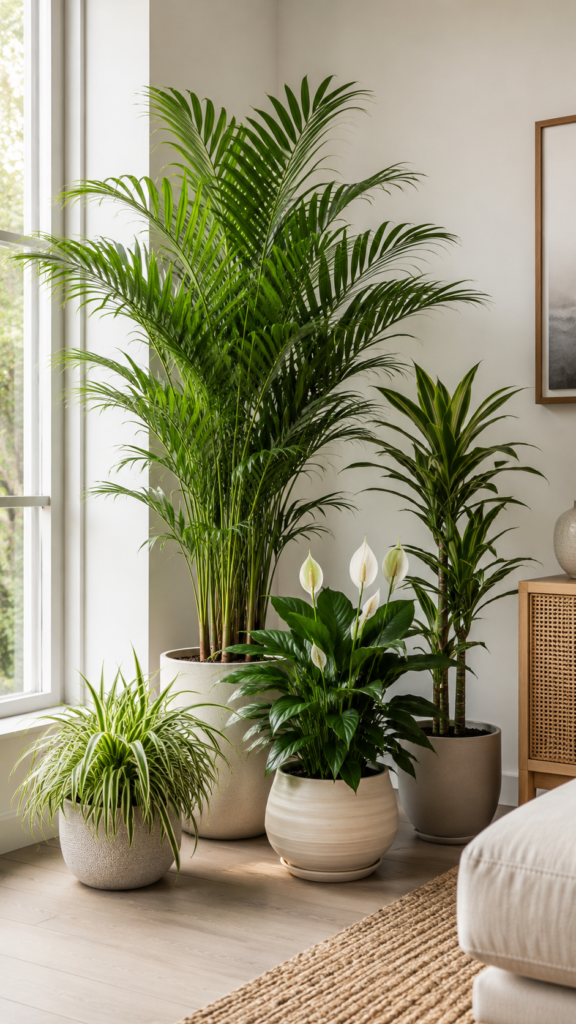 Areca palm arranged with spider plant, peace lily, and dracaena indoors.