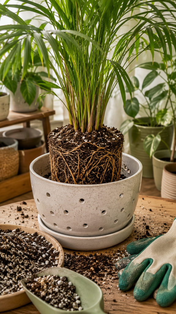 Areca palm being repotted with well-draining soil and indoor gardening tools.