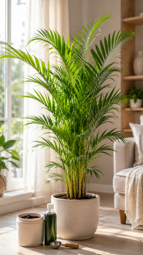 Areca palm beside fertilizer and plant food for healthy indoor growth.