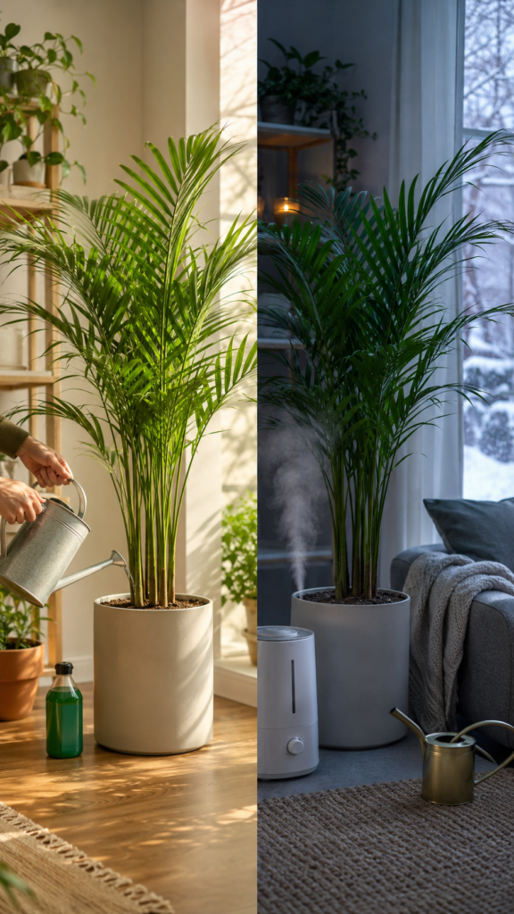 Areca palm care setup showing seasonal watering, fertilizing, and humidity adjustments.