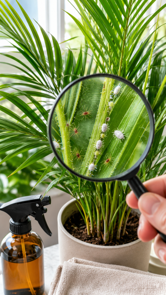Areca palm leaves inspected for pests with a magnifying glass and neem oil nearby.