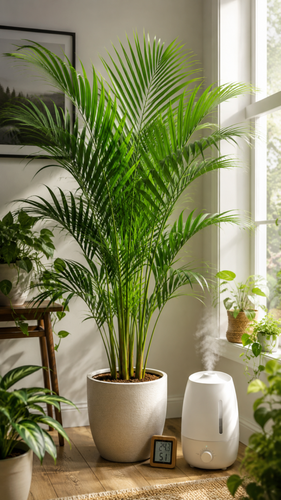 Areca palm placed near a bright window with a humidifier for ideal growing conditions.