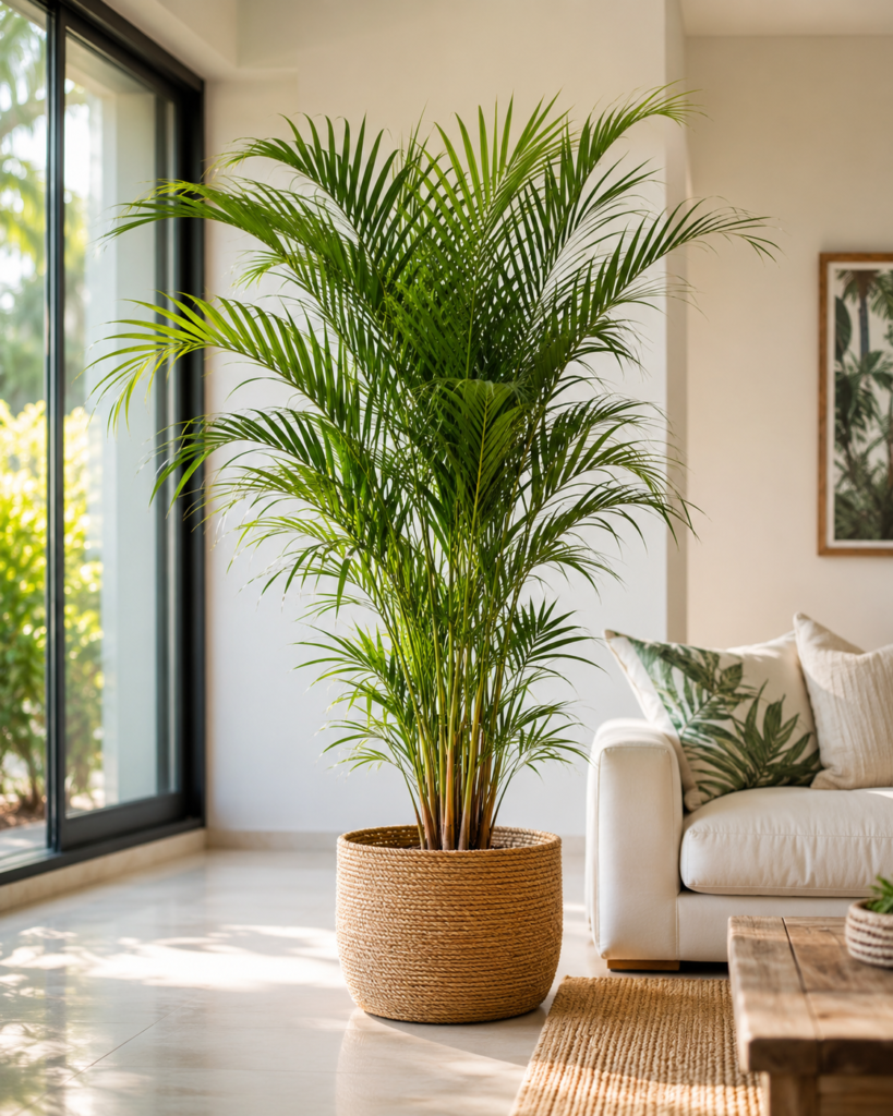 Areca palm with feathery green fronds growing indoors in bright indirect light.