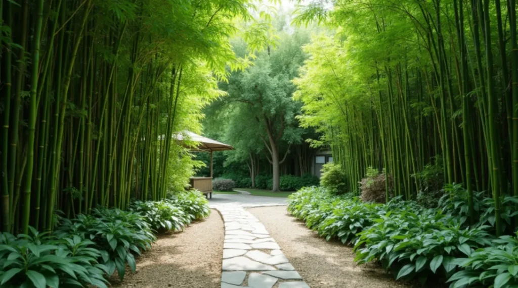 A serene bamboo garden with tall, vibrant green stalks, providing a natural and eco-friendly outdoor setting.