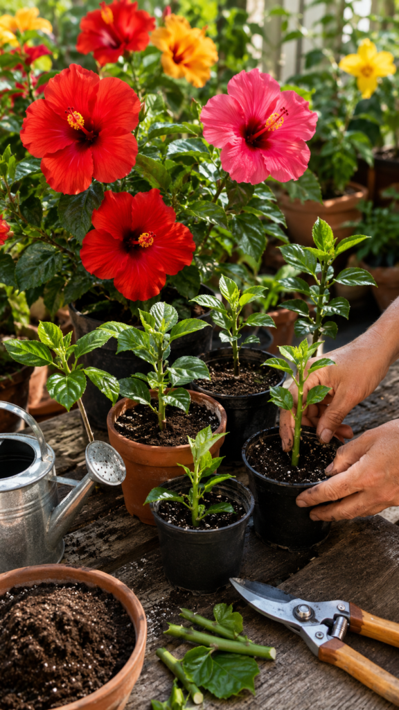 Beginner hibiscus propagation setup with colorful blooming hibiscus flowers, young cuttings, pots, pruning shears, and watering tools in a sunny garden.