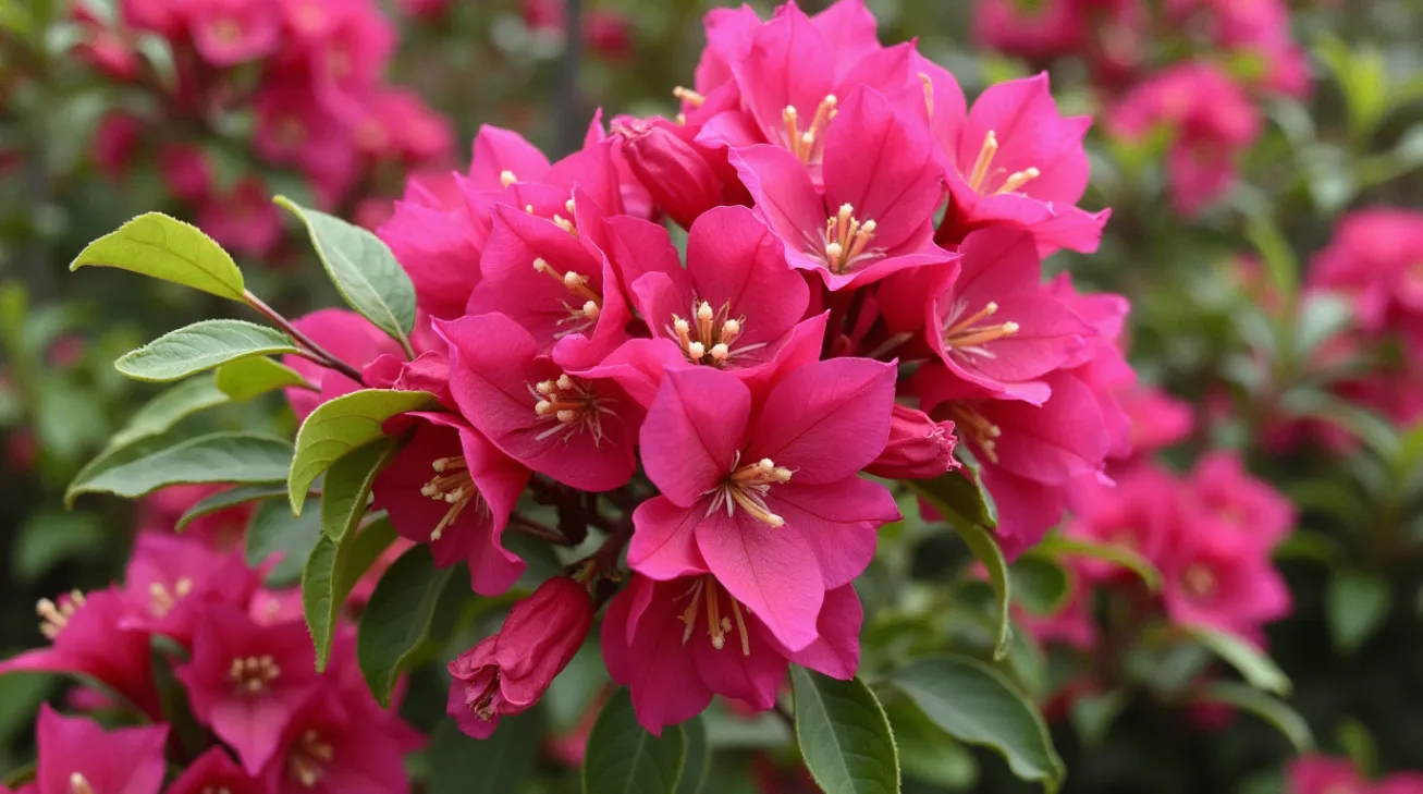 Vibrant Bougainvillea flowers blooming with lush greenery in the background.