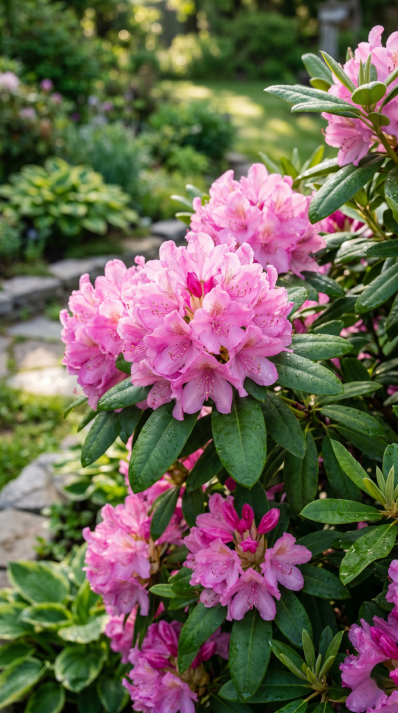 Close-up of a Rhododendron bush with clusters of pink flowers and deep green leaves.