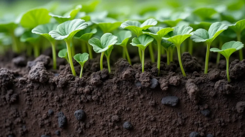 A barren patch of soil affected by coal pollution, with efforts to restore it using organic matter and soil amendments.