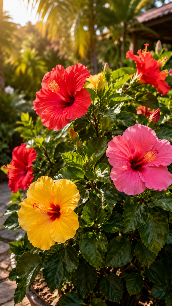 Colorful hibiscus plant with red pink and yellow flowers blooming in a sunny garden
