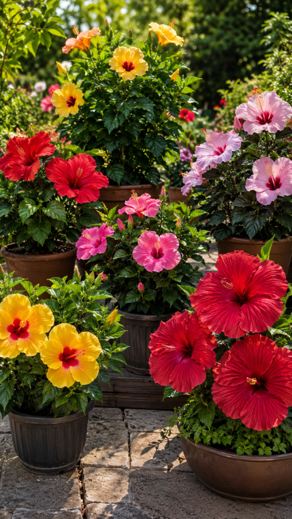 Different hibiscus varieties with red yellow and pink flowers growing in sunny garden pots