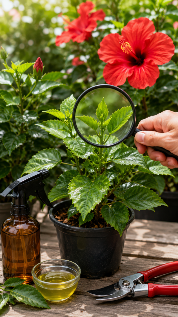 Fresh hibiscus leaves inspected for pests and disease with neem oil spray nearby