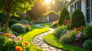 Beautiful front yard landscaping ideas with a lush green lawn, colorful flowers, and a stone pathway leading to a cozy porch.