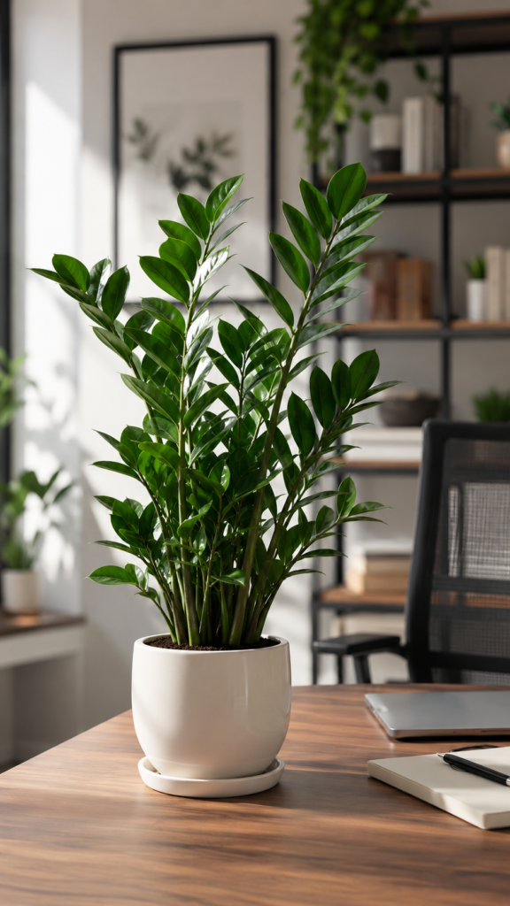 Healthy ZZ Plant with glossy dark green leaves in a modern indoor home office.