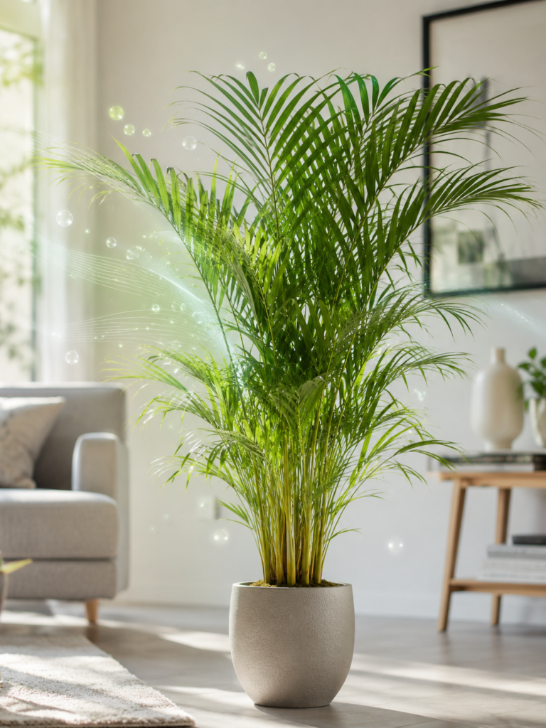 Healthy areca palm shown as an indoor air-purifying plant in a modern home.