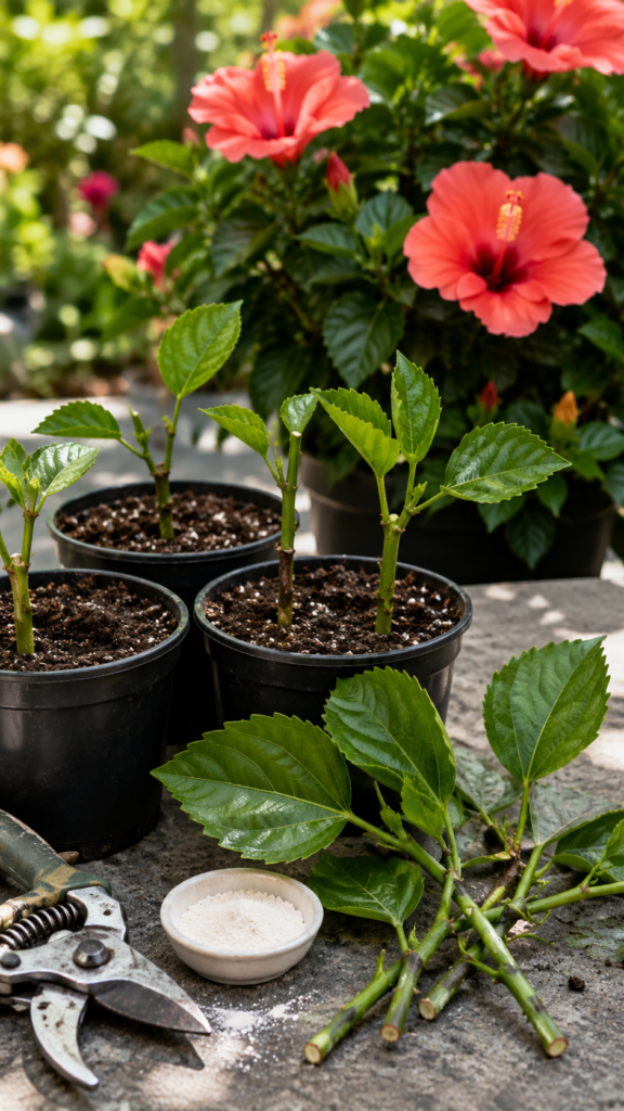Healthy hibiscus cuttings prepared for propagation with rooting hormone and small pots