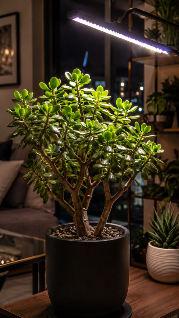 Healthy jade plant growing indoors under LED grow lights at night in a modern apartment, featuring vibrant green succulent leaves, cozy home decor, and a stylish indoor gardening setup.