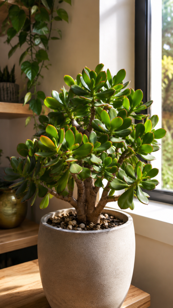 Healthy jade plant on a sunlit windowsill with vibrant green leaves and a slight reddish tint on the edges.