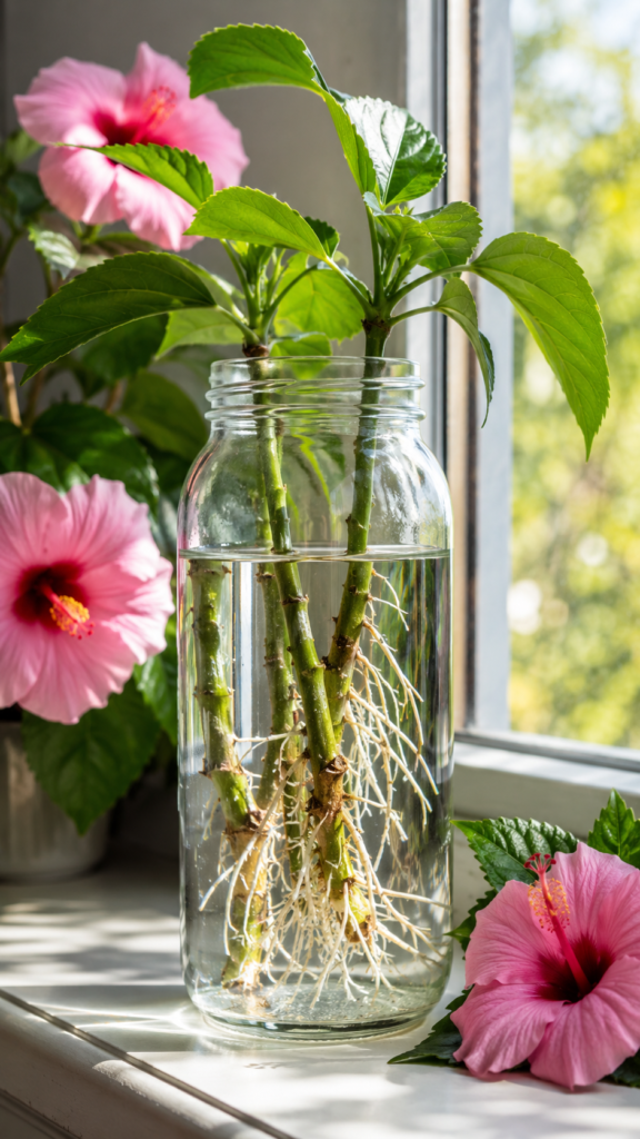 Hibiscus cuttings rooting in water inside a clear glass jar on a sunny windowsill