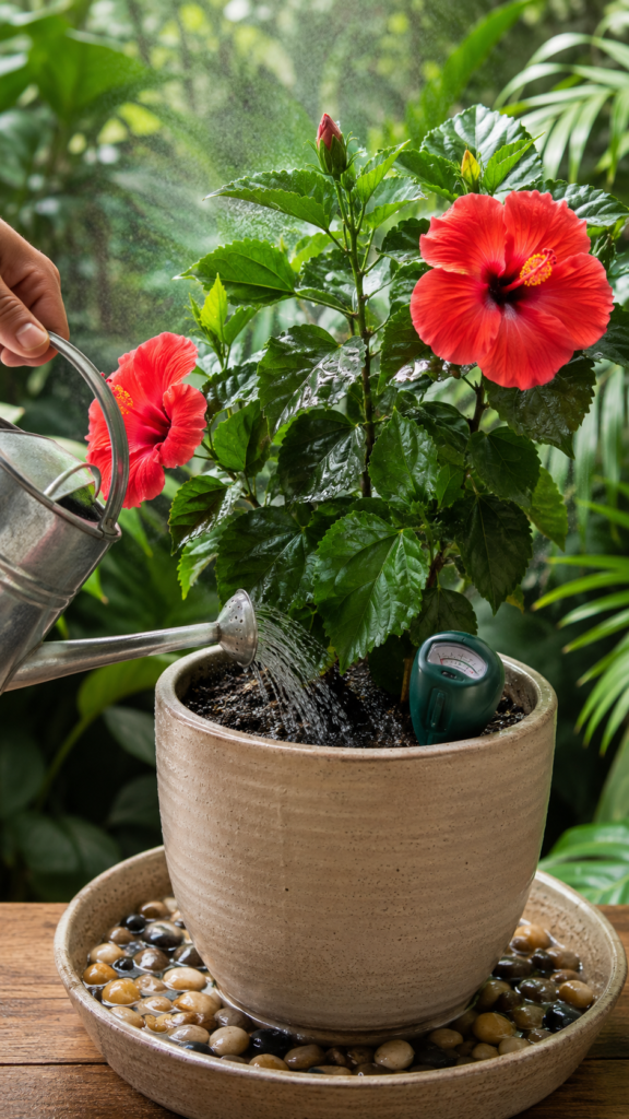 A hibiscus plant being watered with moisture meter and humidity tray for healthy growth