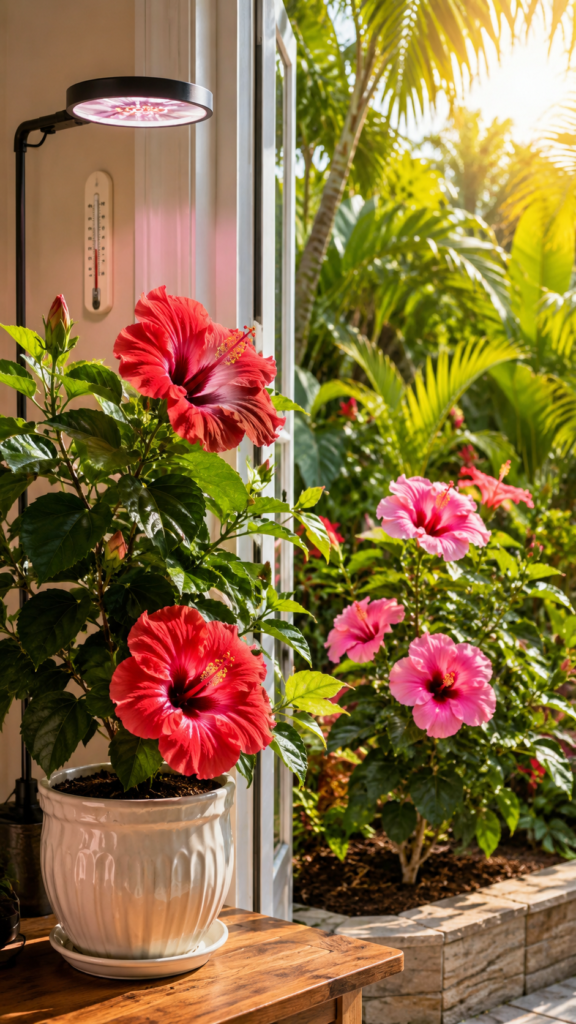 Hibiscus plant blooming in bright sunlight with warm growing conditions indoors and outdoors