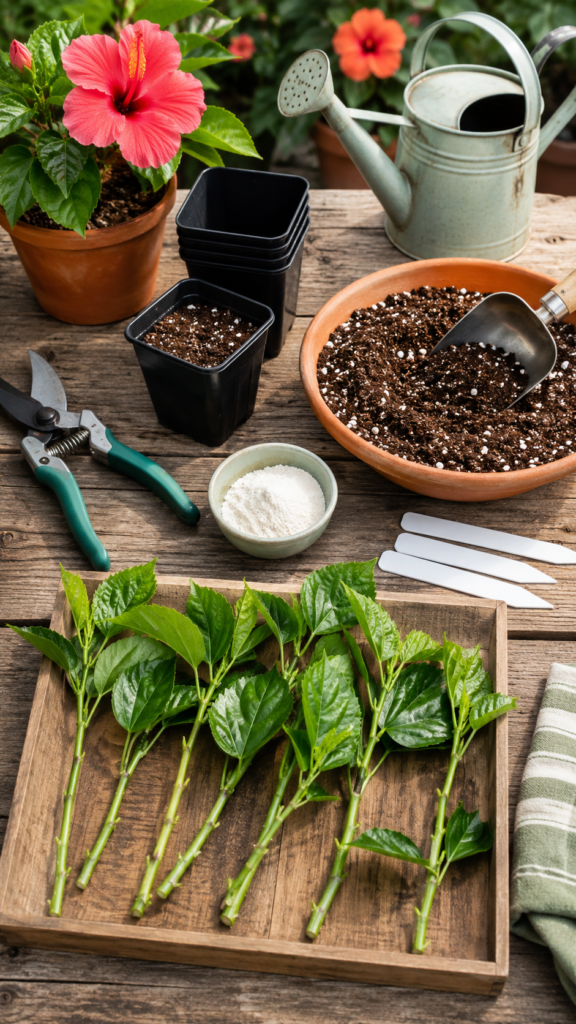 Hibiscus propagation tools with pots soil pruning shears rooting hormone and fresh cuttings