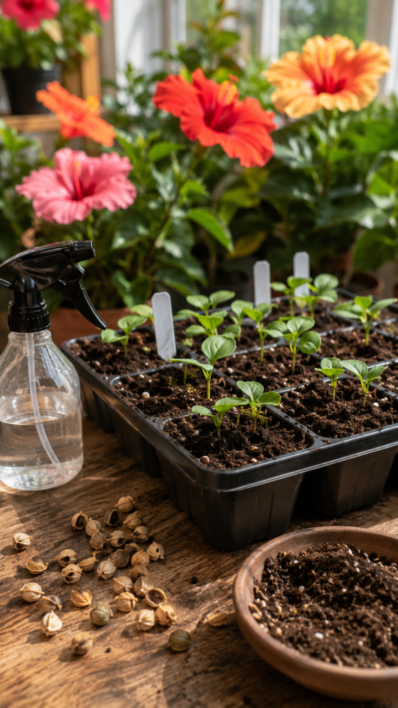 Hibiscus seeds and young seedlings growing in a seed tray for plant propagation