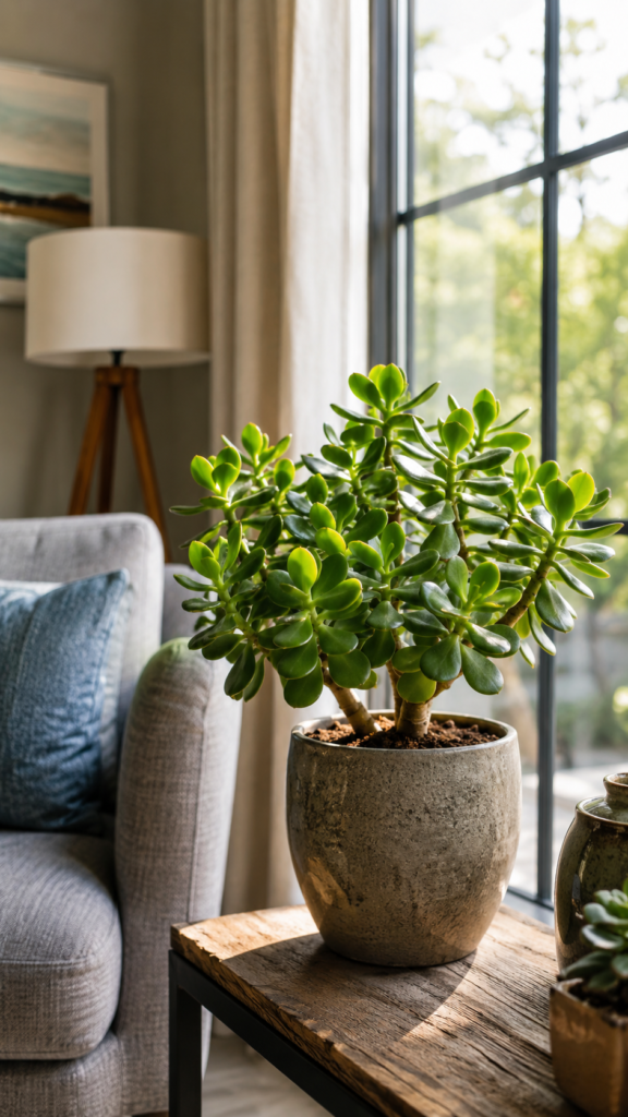 Jade plant in a ceramic pot on a wooden table, with a softly blurred indoor background.