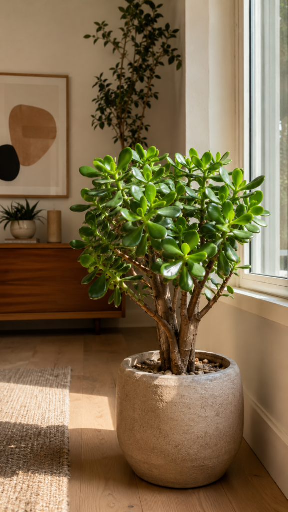 Jade plant on a bright windowsill, with healthy green leaves and a subtle red edge, indicating optimal light exposure.
