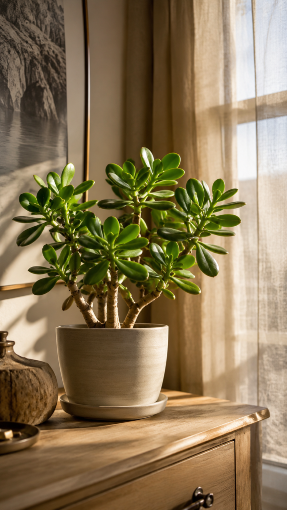 The jade plant is thriving on a windowsill with bright, indirect sunlight, showing vibrant green leaves with red-tinged edges.