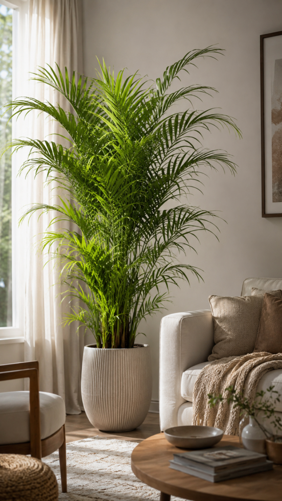 Lush Areca Palm with cascading fronds in a cozy sunlit indoor space, casting shadows on surrounding surfaces.