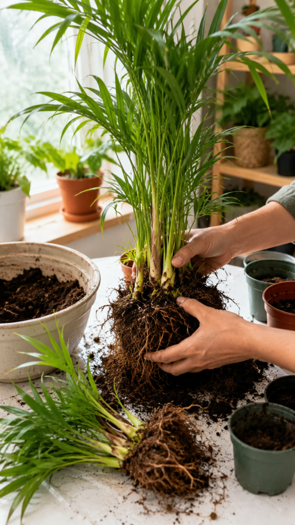 Mature areca palms are divided into smaller plants for indoor propagation.