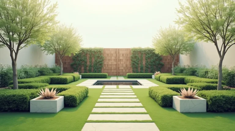 A sleek modern small garden with raised wooden planters, a geometric stone pathway, and a cozy outdoor lounge area. Vertical garden walls with cascading greenery add depth, while soft LED lighting enhances the serene ambiance. A compact water feature completes the minimalist design.