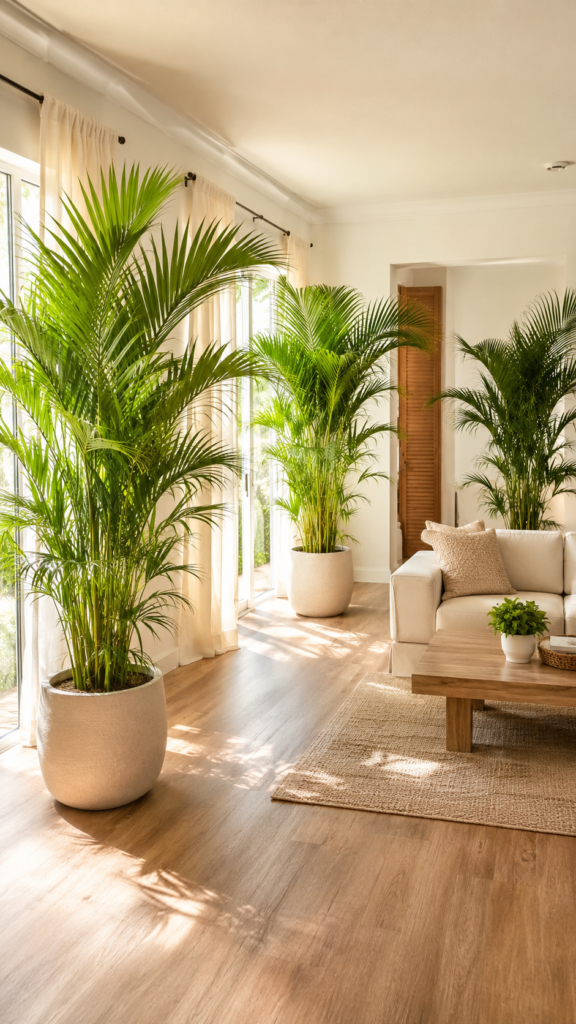 Multiple areca palms placed in a bright room to improve indoor air quality.