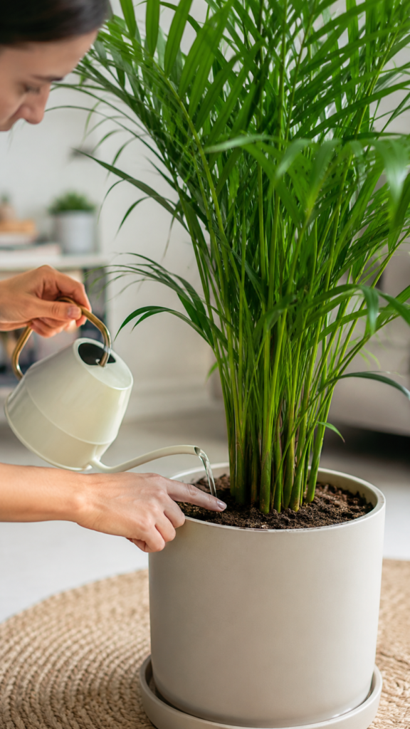 Person watering an areca palm and checking soil moisture indoors.