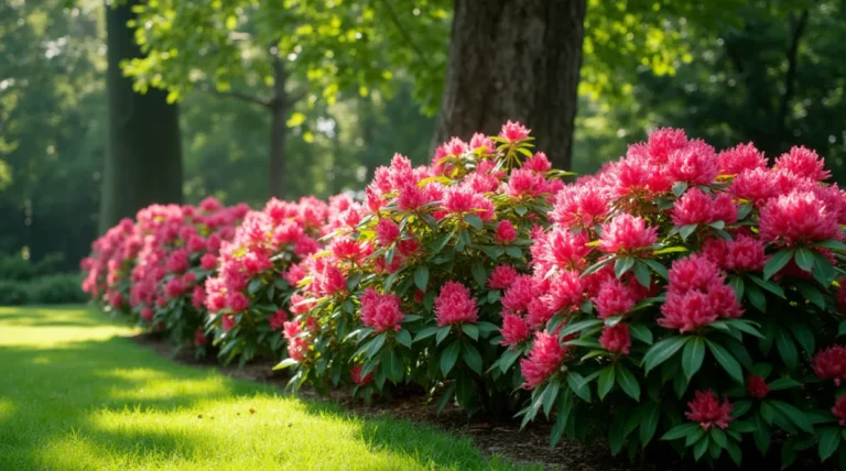 Vibrant Rhododendron shrub in full bloom with clusters of pink and purple flowers, surrounded by lush green leaves.