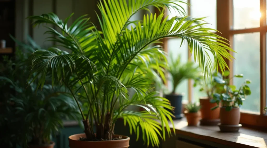 A vibrant and graceful areca palm with cascading fronds in a cozy indoor setting, bathed in soft, sun-dappled light, creating a tranquil and inviting ambiance.