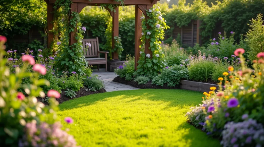 A charming small garden Design with lush greenery, a cozy seating area, and decorative string lights.